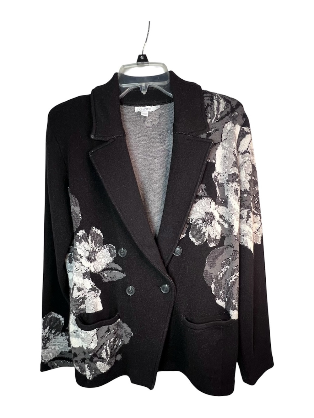 Chico’s Knit Sweater Black and White Blazer with Floral Designs